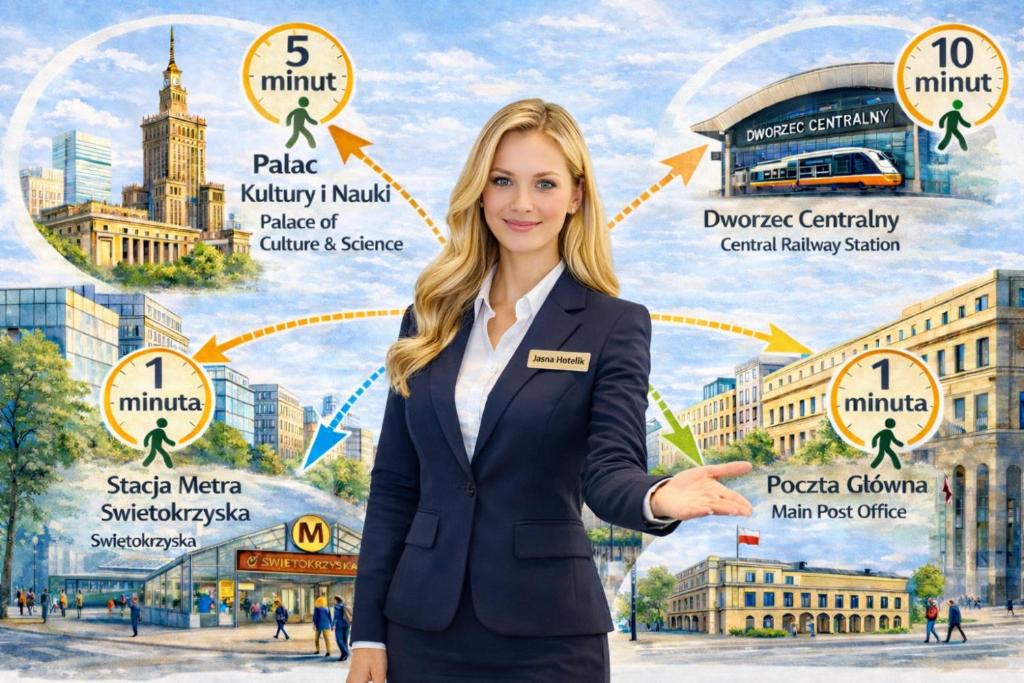 a woman in a suit standing in front of a city at Jasna Hotelik self check-in in Warsaw