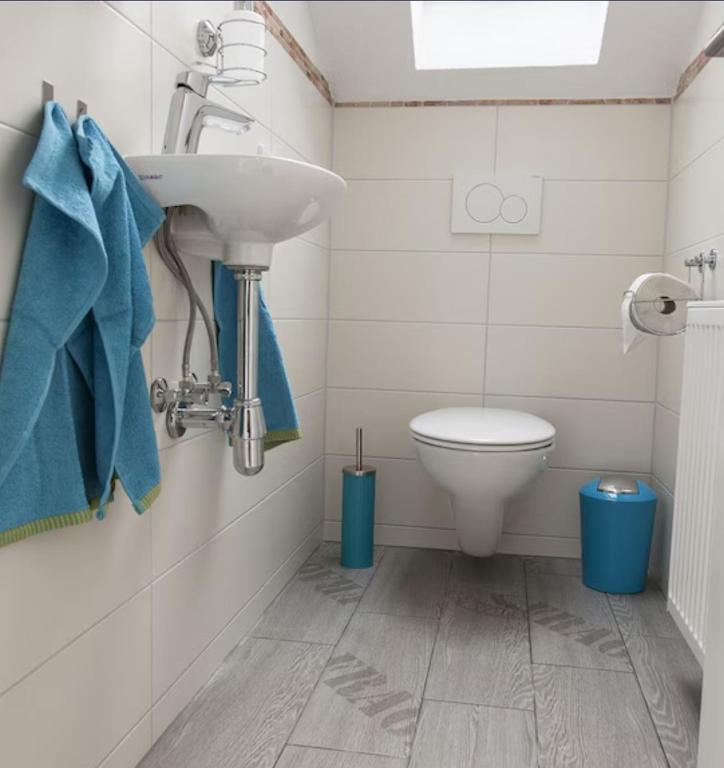 a bathroom with a sink and a toilet at Ferienwohnung Leppert in Schwanau