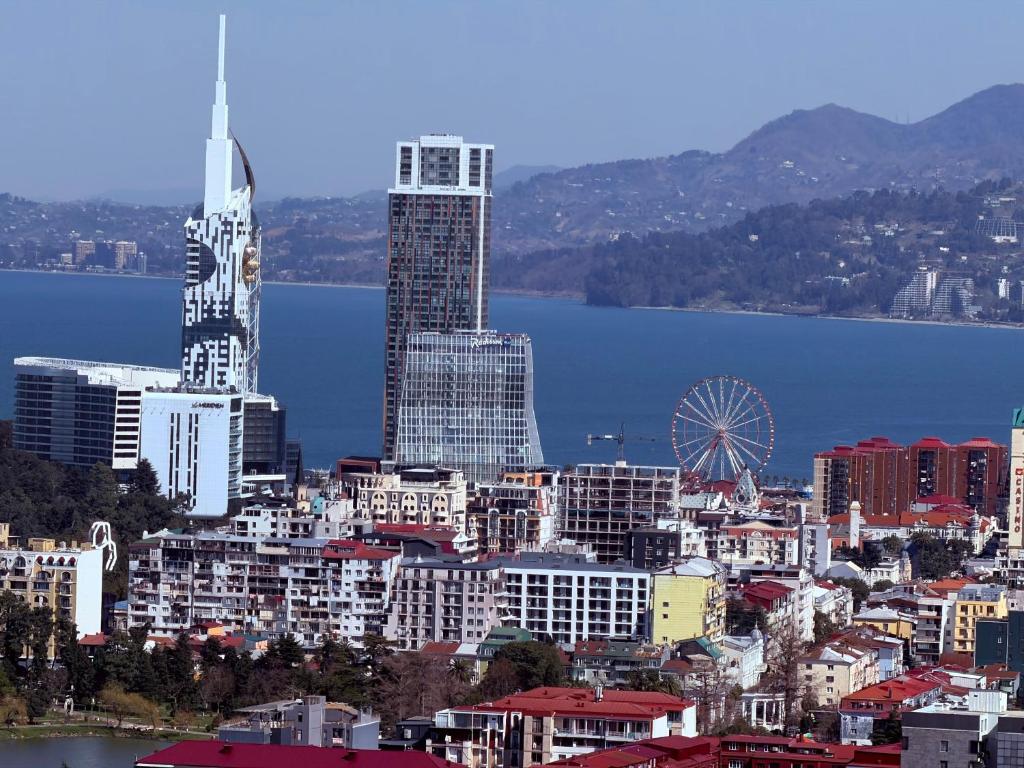 a city skyline with buildings and a ferris wheel at Sun Set Apartments in Batumi