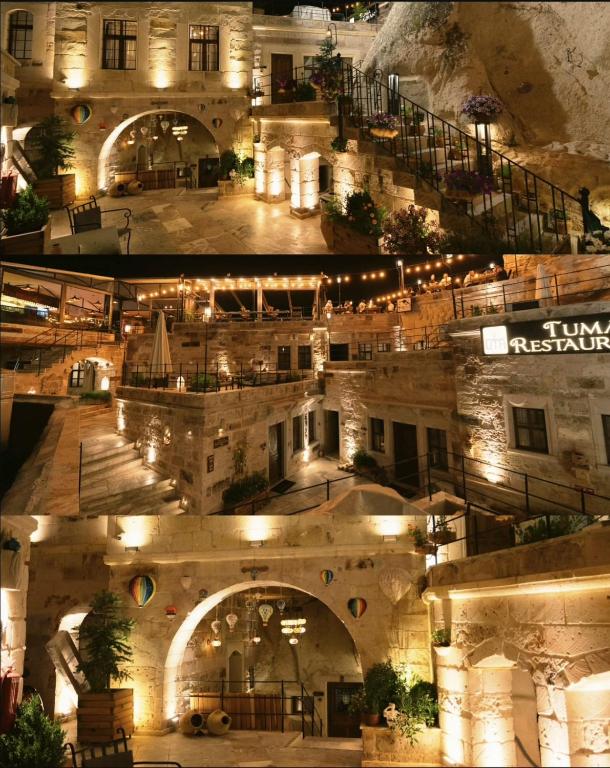 un collage di foto di un edificio di notte di Peruna Cave a Göreme