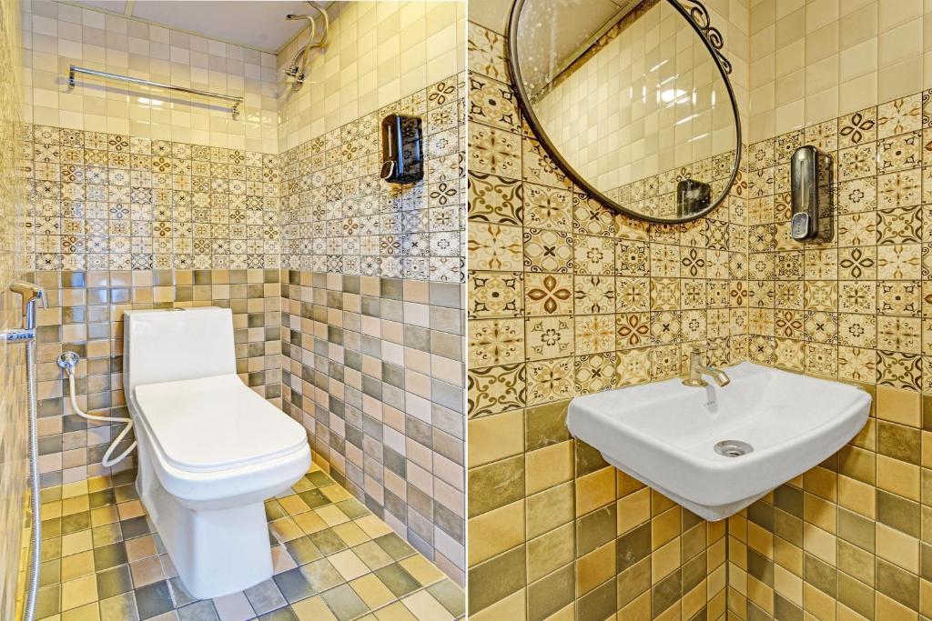 two pictures of a bathroom with a toilet and a sink at Super Townhouse CASA GRAND ECIL in Hyderabad