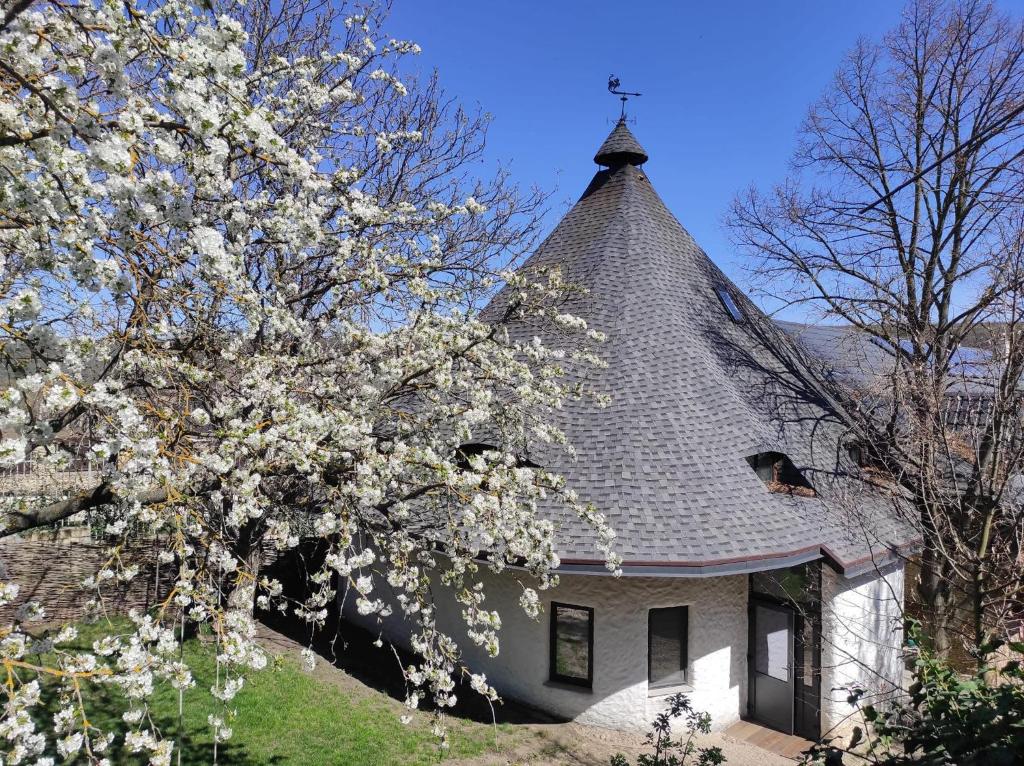 a house with a steep roof with a flowering tree at Hanul lui Hanganu in Lalova