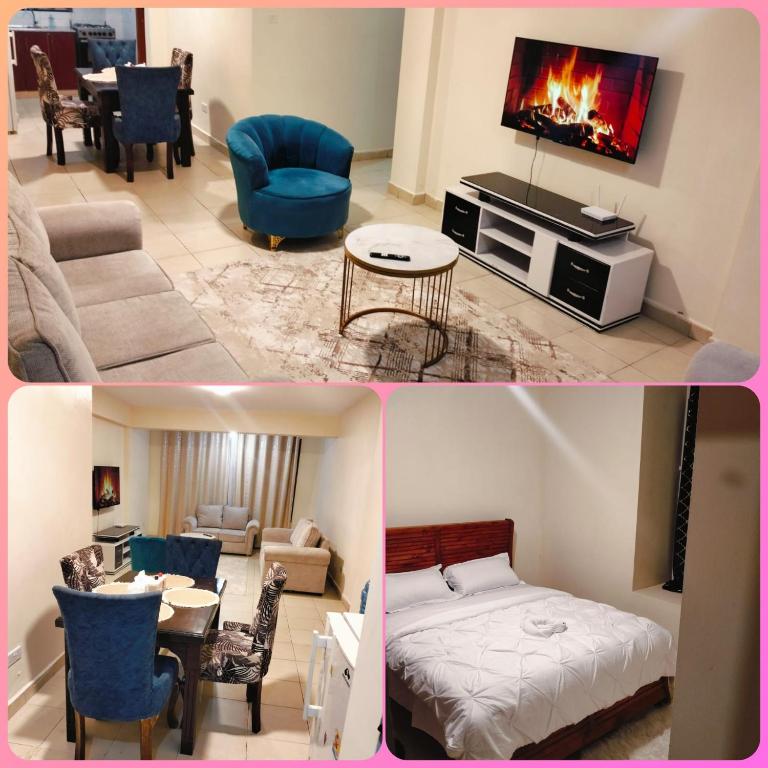 two pictures of a living room and a living room with a couch and a tv at jjsuites in Athi River