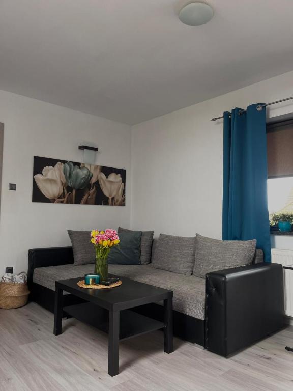 a living room with a couch and a table at Szum Morza in Wrzosowo
