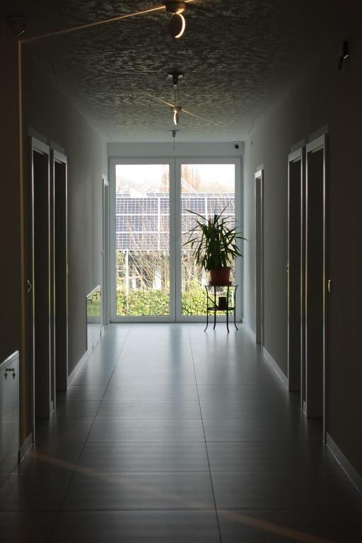 an empty hallway with a large window and a plant at Hotels-in-Alsdorf in Alsdorf