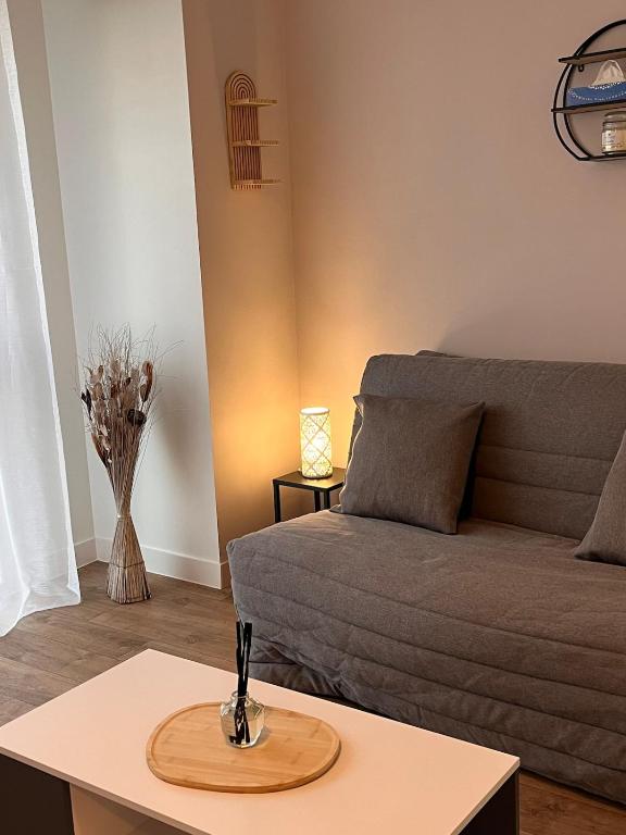 a living room with a couch and a table at Le cocon de Joëly in Rosières-près-Troyes