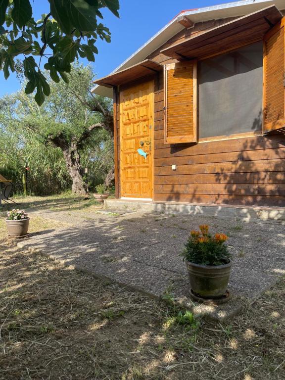 a house with a wooden door and two potted plants at The poet's house in Longá