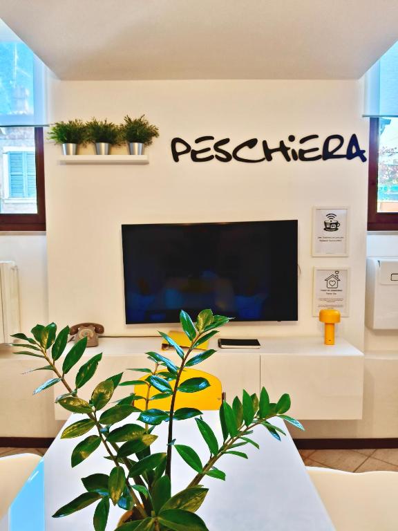a living room with a television and a plant at Old Town Apartment with Terrace - Live Love Lake in Peschiera del Garda