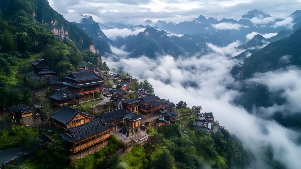 an aerial view of a mountain village in the clouds at Mountain Luxury Courtyard Hotel-Zhangjiajie Wulingyuan National Forest Park-Laundry Service,coffee&Chinese Tea--Free airportpick-up or drop-off for Reserve of 4nights or more in Zhangjiajie