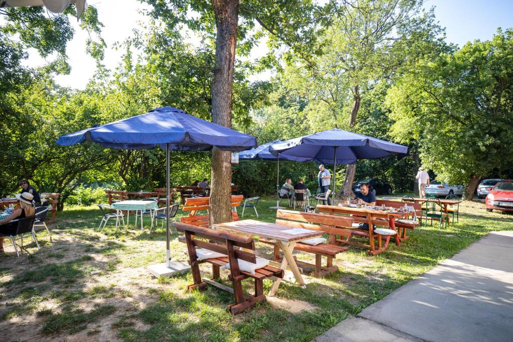 a group of picnic tables and umbrellas in a park at Avala apartments in Beli Potok