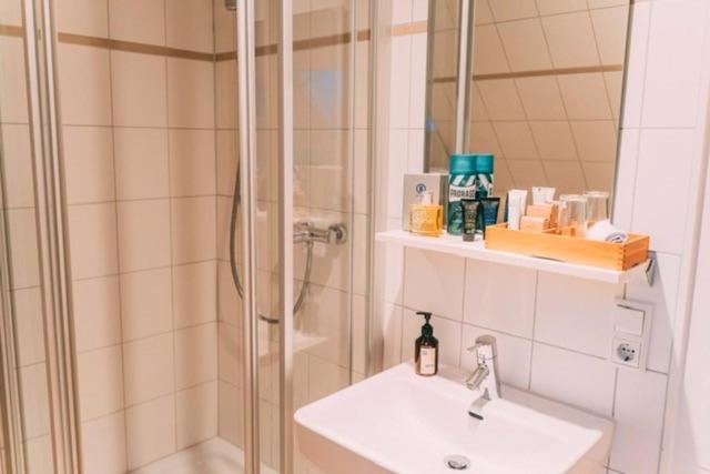 a bathroom with a shower with a sink and a shower at Haus im Garten in Stockach