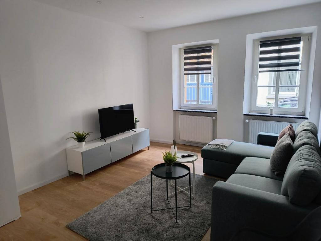 a living room with a couch and a tv at Ferienwohnung Löwenrevier in Winningen