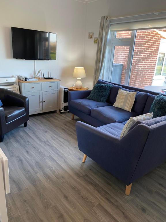 a living room with two blue couches and a tv at Seafields Chalet in Walcott