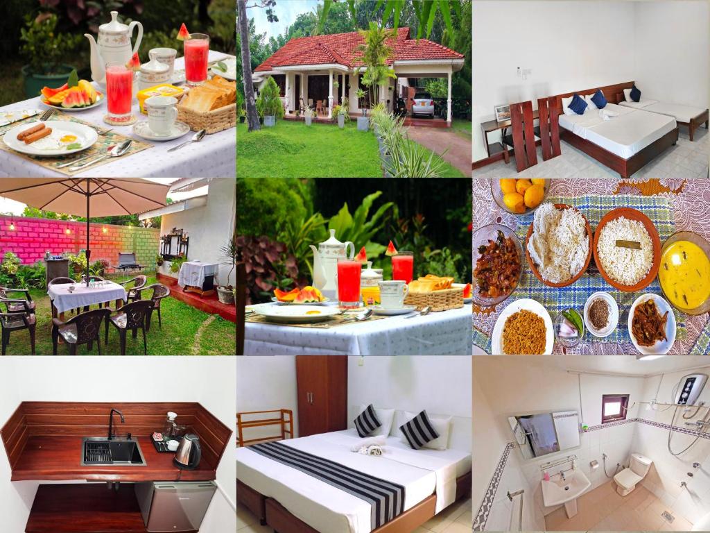 a collage of photos of a house with a table and food at Jegers Villa in Negombo