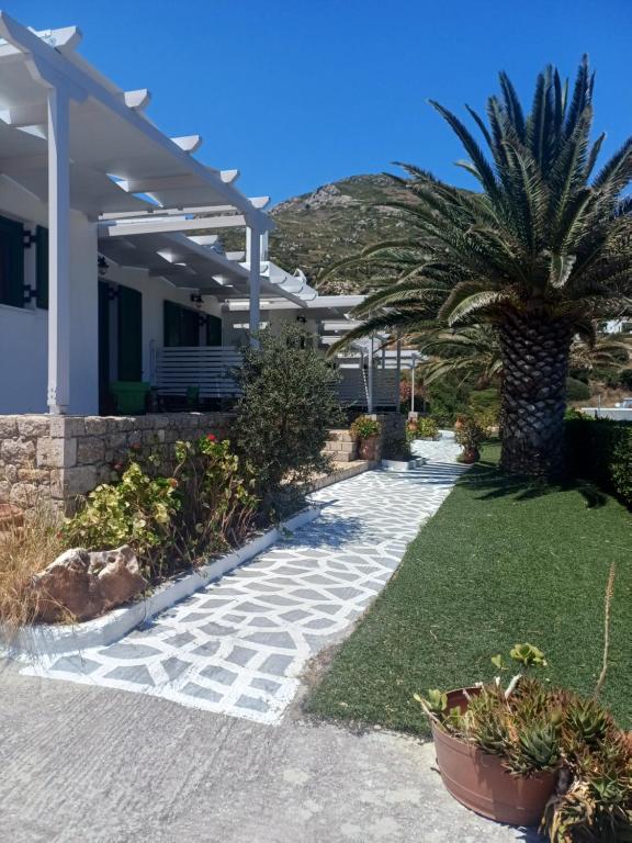 a walkway in front of a house with a palm tree at Korali in Skiros