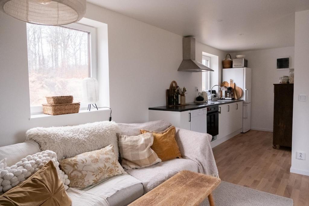 a living room with a couch and a kitchen at Bokskogen stugby hus två in Jönköping