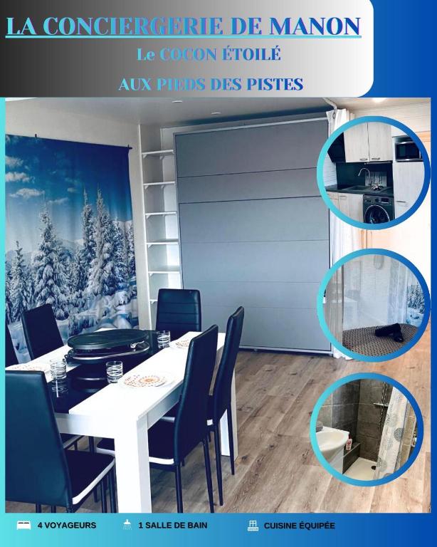 a meeting room with a white table and blue chairs at Le Cocon étoilé in Métabief