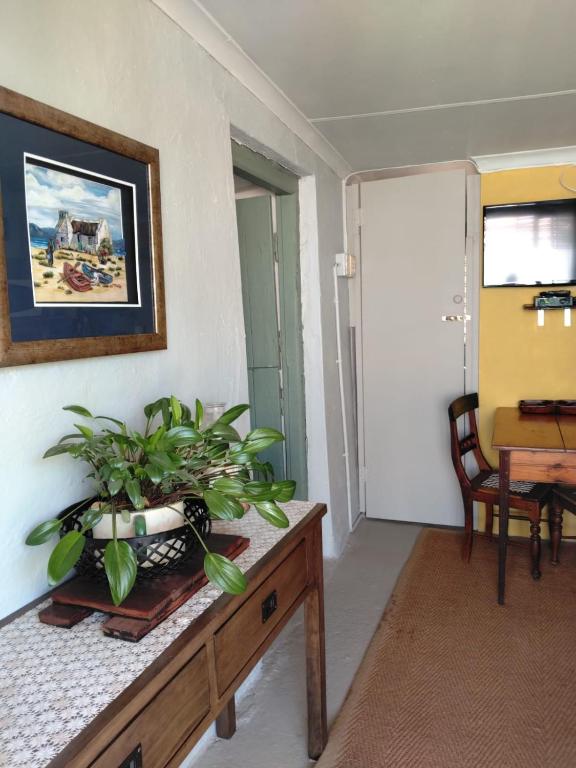 a living room with a table with a plant on it at The Anvil Rest Cottage in Calitzdorp