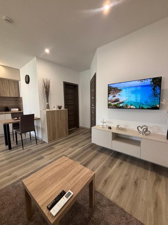 a living room with a large flat screen tv on the wall at ROYAL homes in Nesvady
