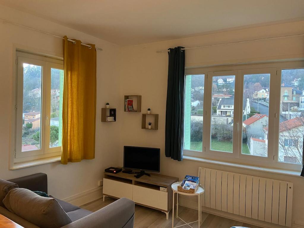 a living room with a couch and a tv and windows at Confortable studio meublé classé 3 étoiles in Châtel-Guyon