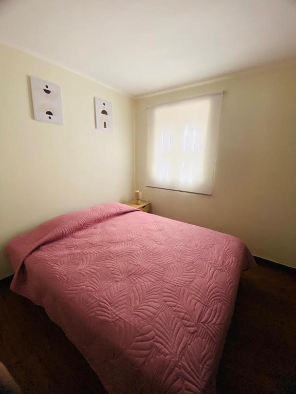 a bedroom with a pink bed with a window at Casa céntrica en San Felipe in San Felipe