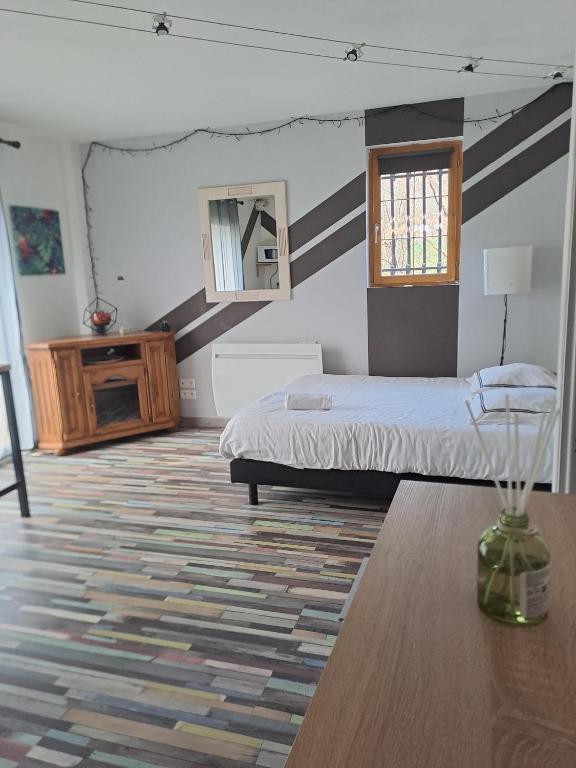 a bedroom with a bed and a mirror on the wall at Le refuge coloré in Gap