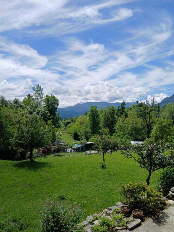 a green field with trees and mountains in the background at Come a casa B&B in Montegrino Valtravaglia