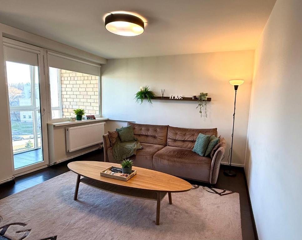 a living room with a couch and a table at Birštonas Relax Apartment in Birštonas