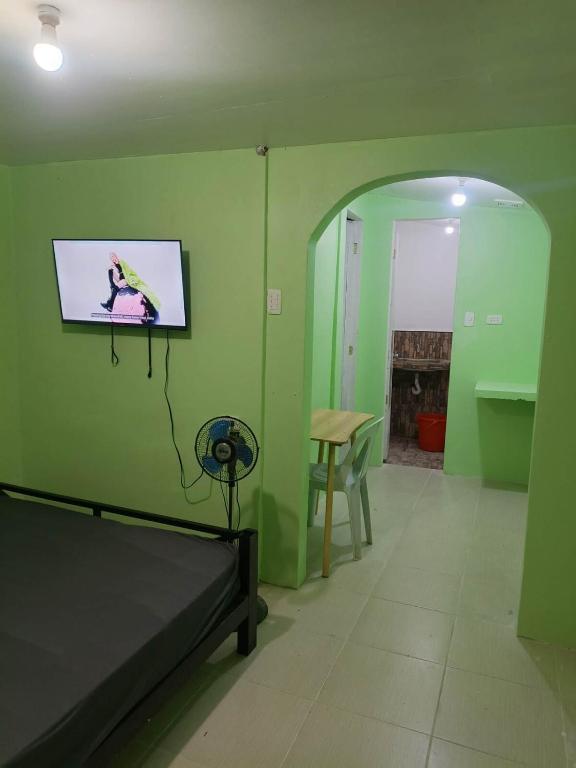 a green room with a bed and a mirror at Green Pod 2 - Surigao City in Surigao