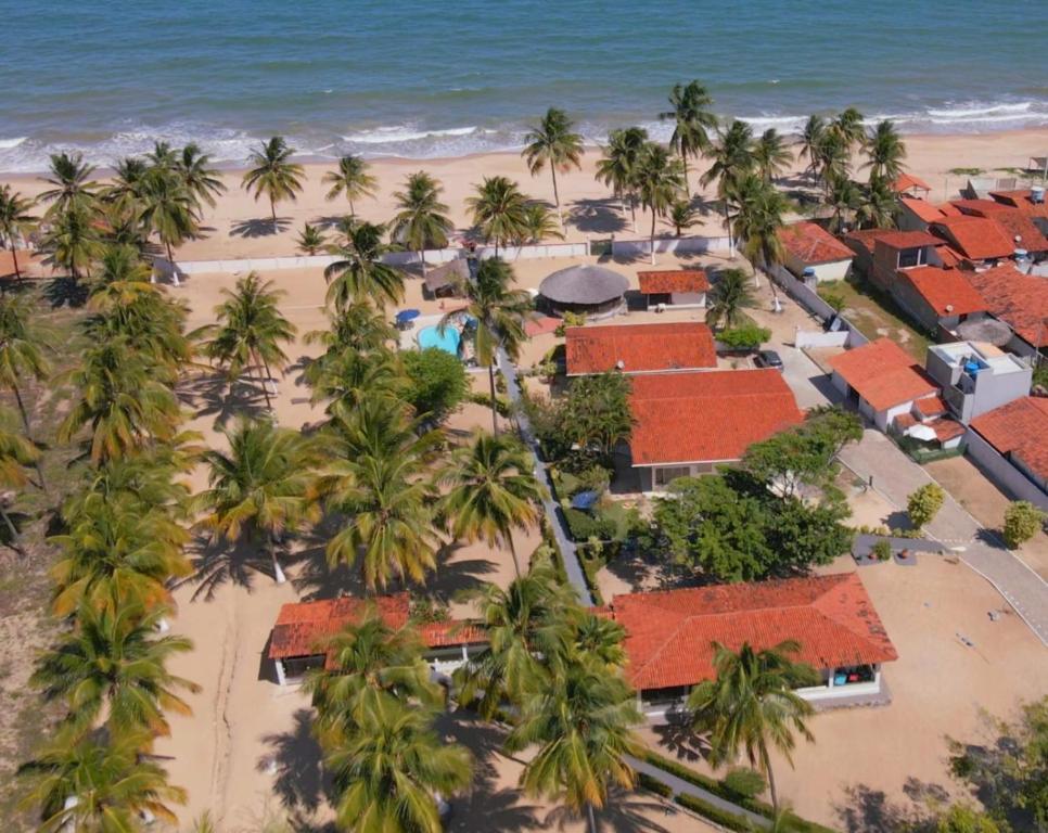 an aerial view of a resort with palm trees and the beach at Hotel Pousada Cachalote in Coruripe