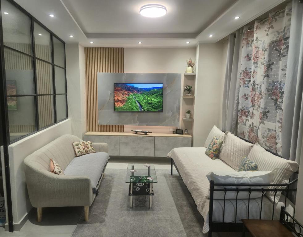 a living room with two couches and a tv at Casa Via Egnatia in Komotini