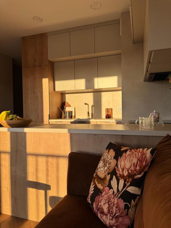 a kitchen with a couch in front of a counter at BonjourApart in Łódź