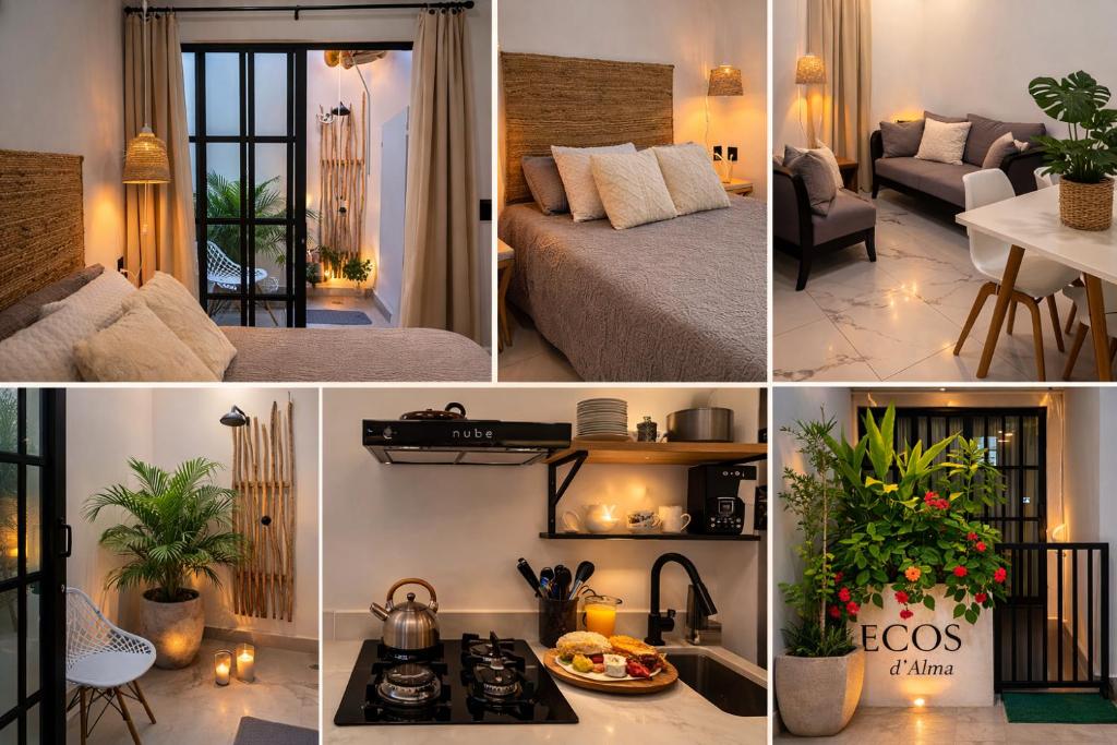 a collage of photos of a living room and a bedroom at Casa Ecos d' Alma in Isla Mujeres