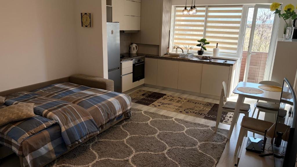 a bedroom with a bed and a kitchen with a table at Fantastic Cozy Studio in Sînpetru