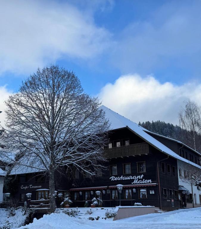 a building with a tree in the snow at Hotel-Restaurant Maien in Todtmoos
