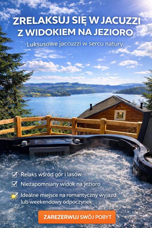 a flyer for a house with a view of a lake at Domekwroznowiepl in Rożnów
