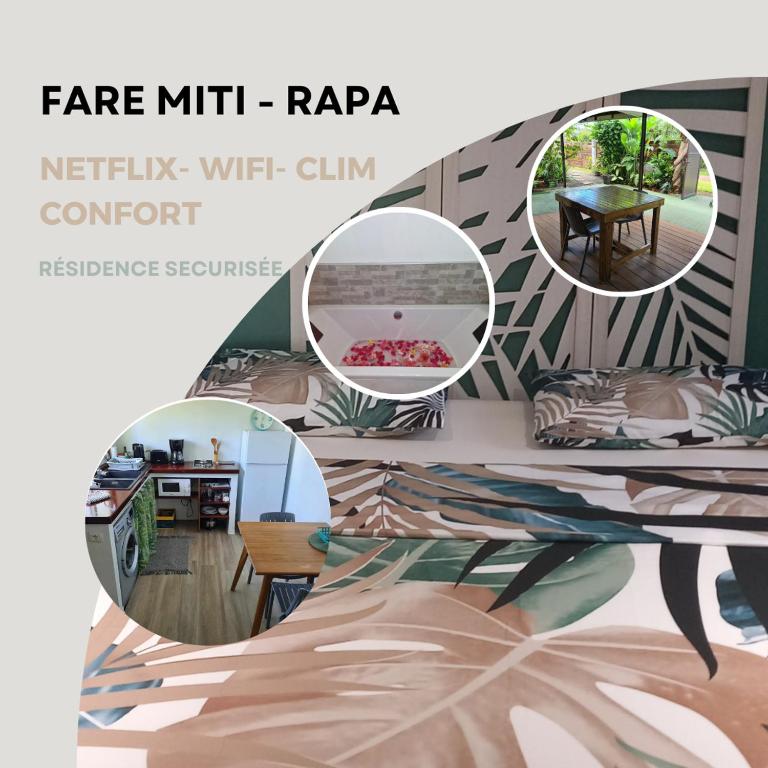 Un collage de fotos de una sala de estar con una mesa. en Fare Miti-Rapa climatisation, baignoire et qualité pour votre confort, en Tohautu