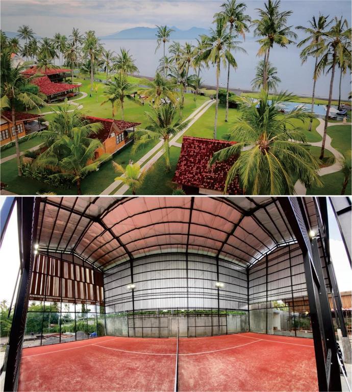 a tennis court and a building with palm trees at Villa So Long Banyuwangi - Ijen in Banyuwangi