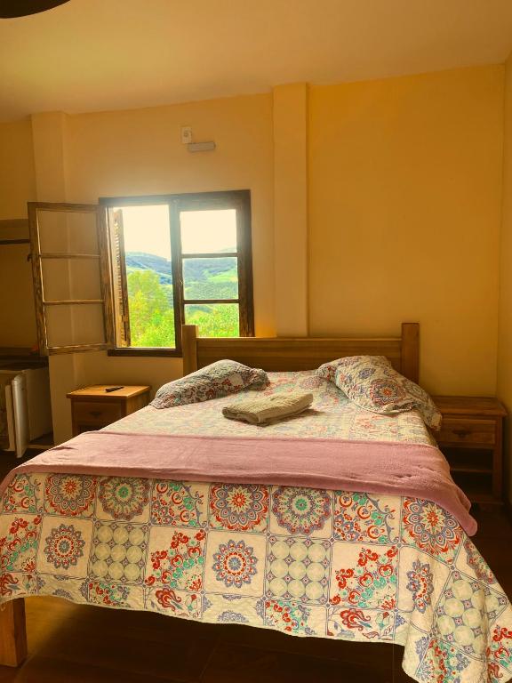 a bedroom with a large bed with a window at Pousada Pico do Papagaio in Aiuruoca