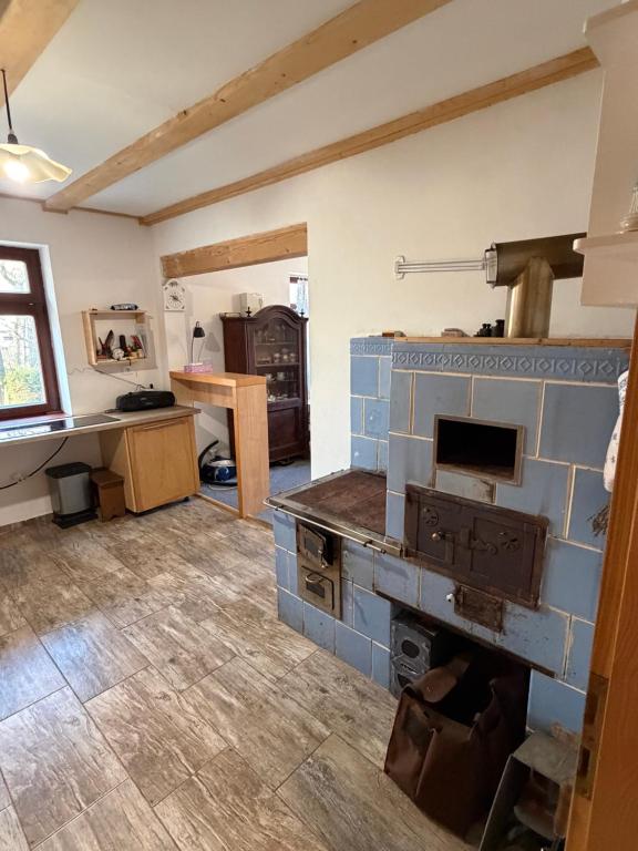 a kitchen with an old stove in a room at Chata Anežka in Stará Ves