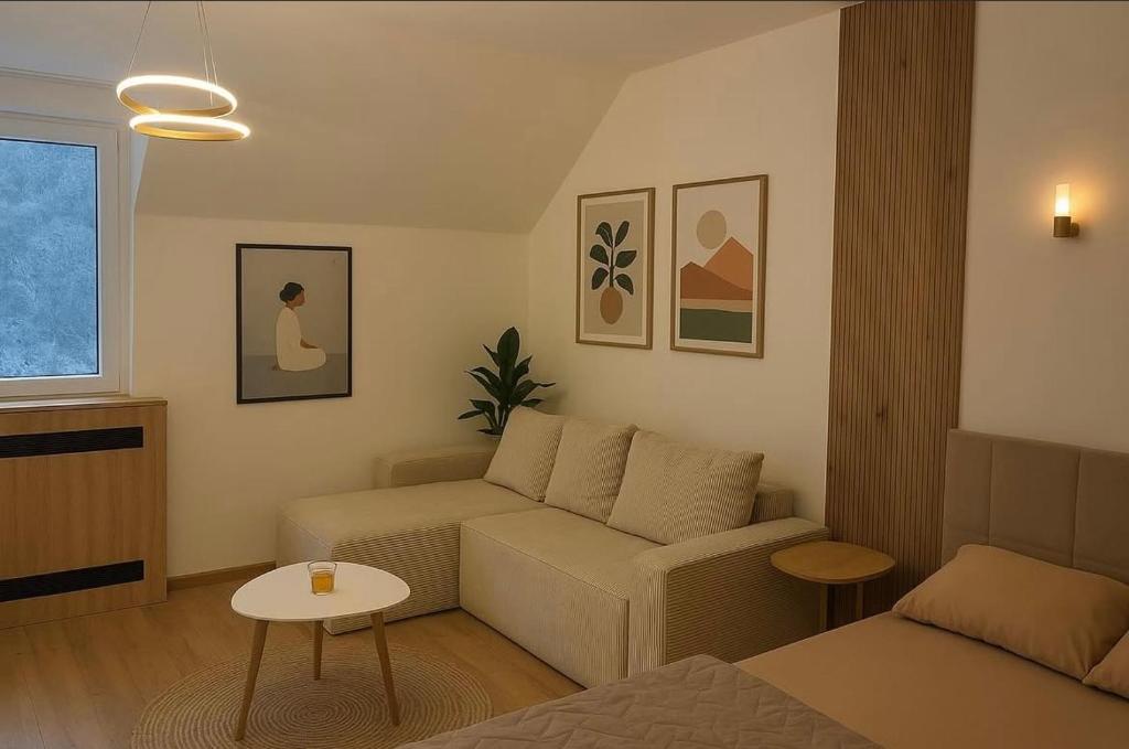 a living room with a couch and a table at Apartman48Brzeće in Brzeće