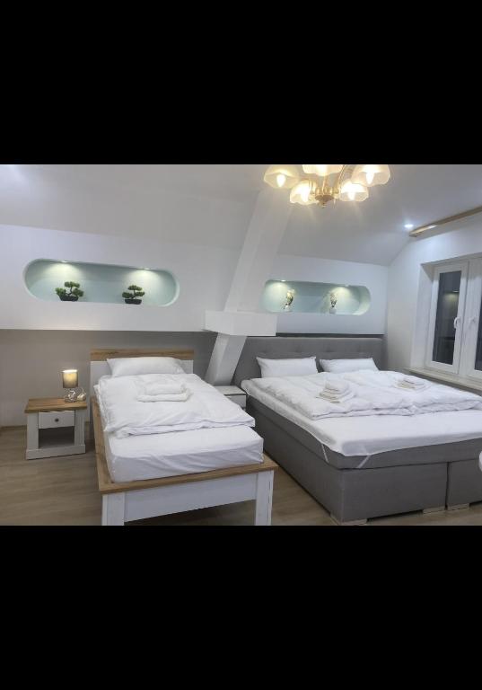 a bedroom with two beds and a table and lights at Hostel am Rhein - Nierstein in Nierstein