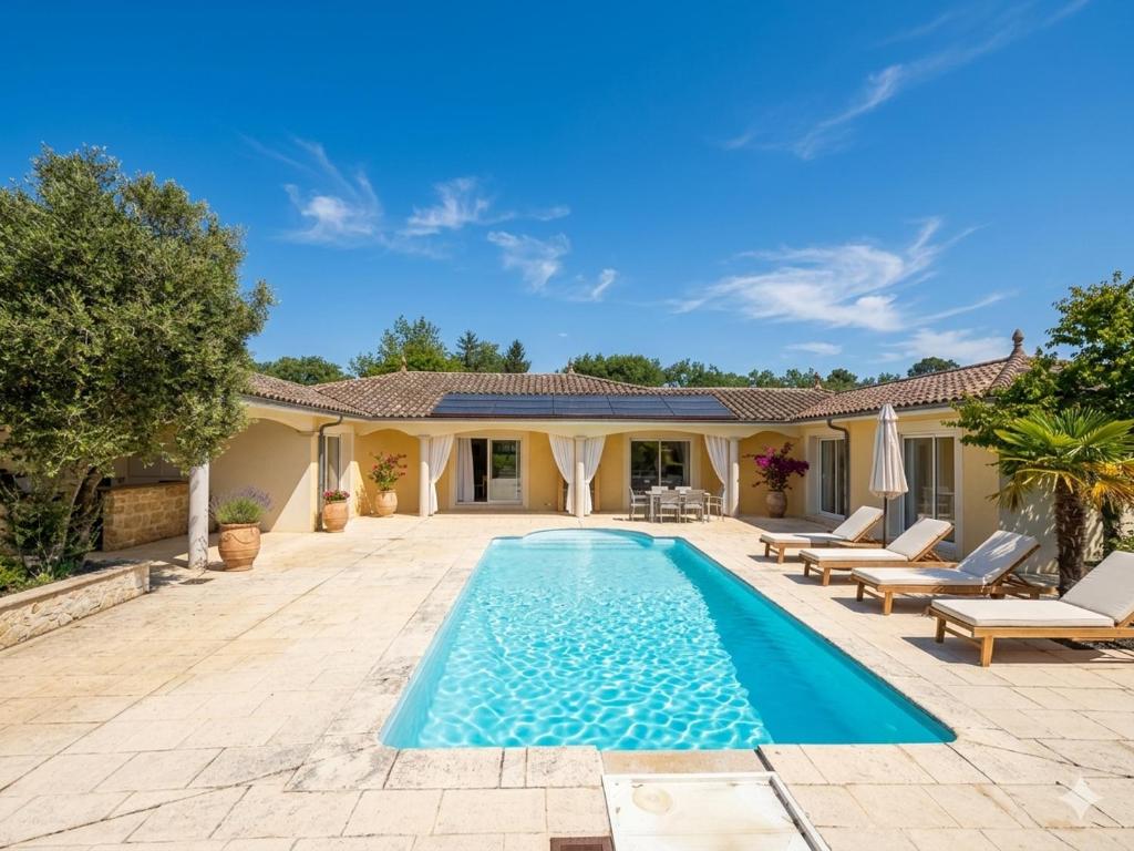 a swimming pool in front of a house at Domaine de Quintessence in Saint-Justin