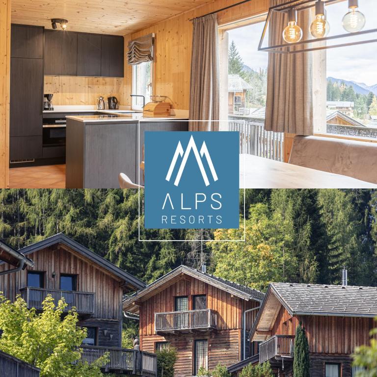a collage of photos of a kitchen and a house at Alpendorf Dachstein West by ALPS RESORTS in Annaberg im Lammertal