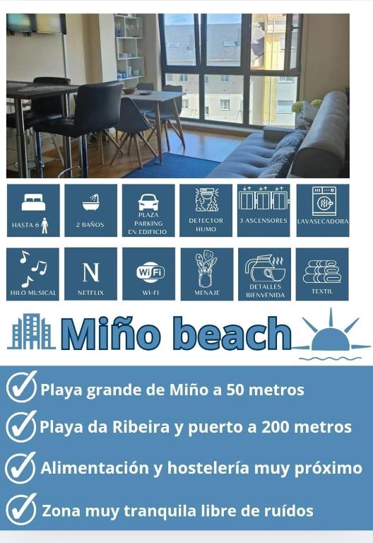 ein Plakat für einen Mikrostrand mit Tisch und Stühlen in der Unterkunft Miño Beach in Miño