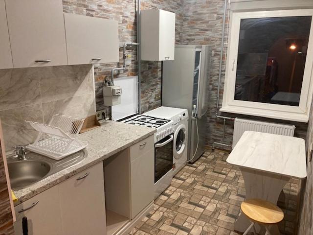 a kitchen with a sink and a stove top oven at Apiņa 18 in Valmiera