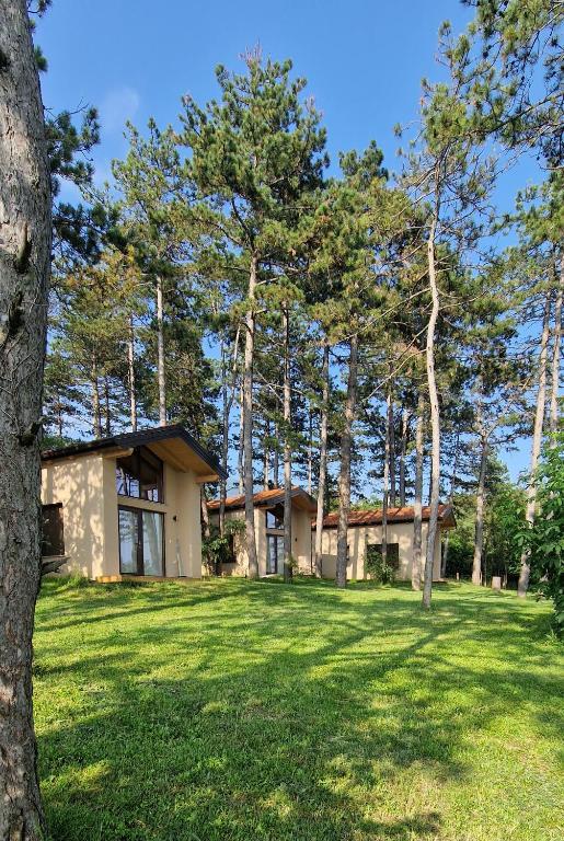 a house in the middle of a yard with trees at Pinja gozdne hiške in Črniče