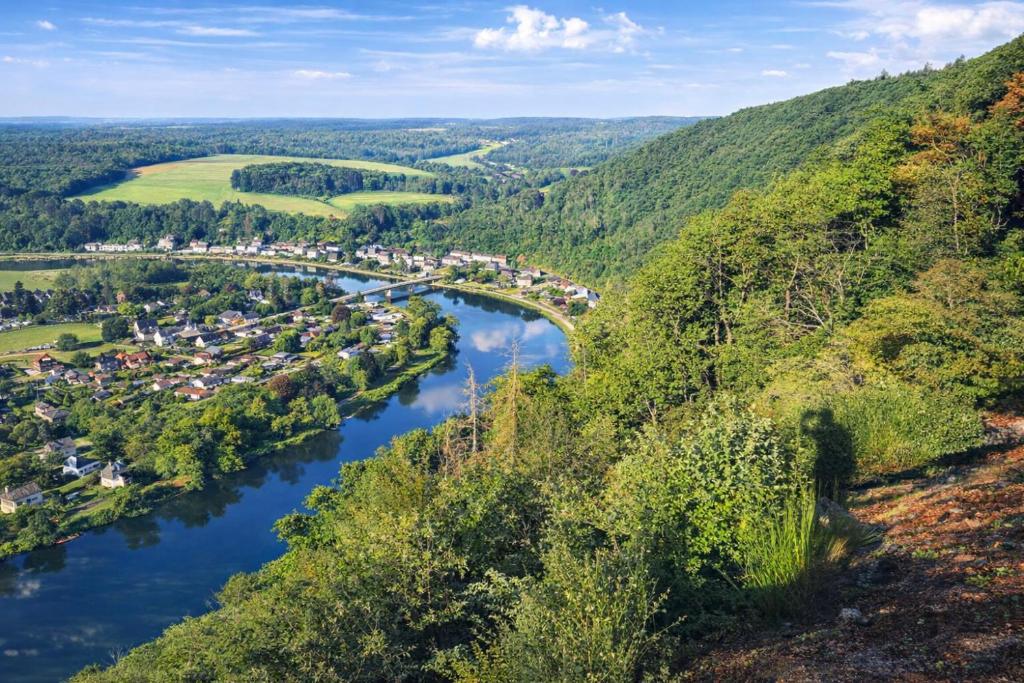 an aerial view of a river and a village at Gîte: À la courbe du fleuve in Godinne