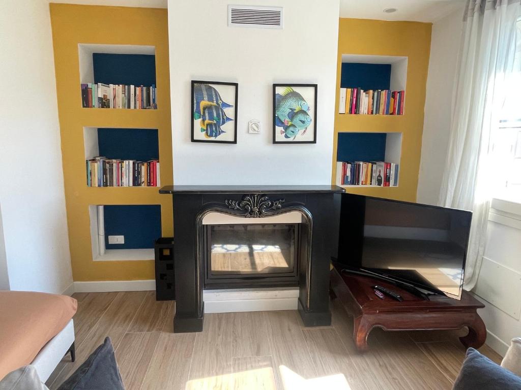 a living room with a fireplace and bookshelves at Guest house Festinalente in Montegrotto Terme
