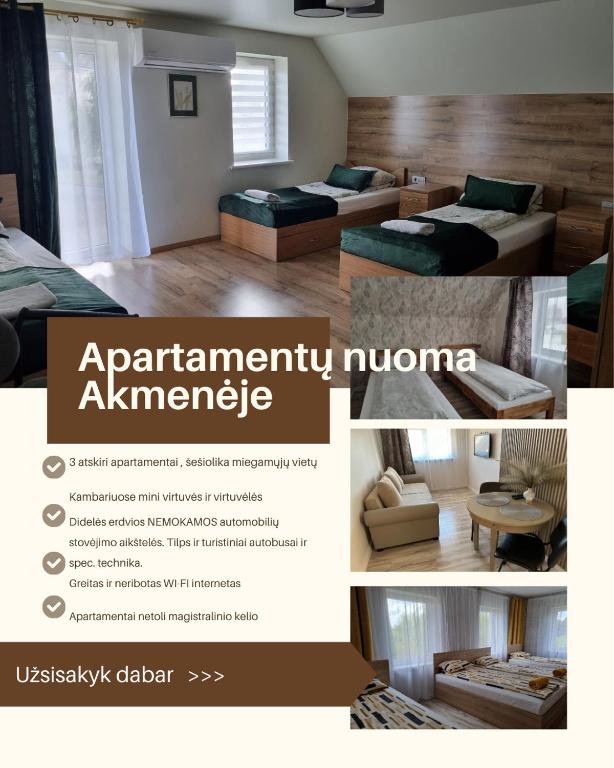 a collage of photos of a room with a bedroom at Akmerenta - Kadagių dvarelis in Akmenė